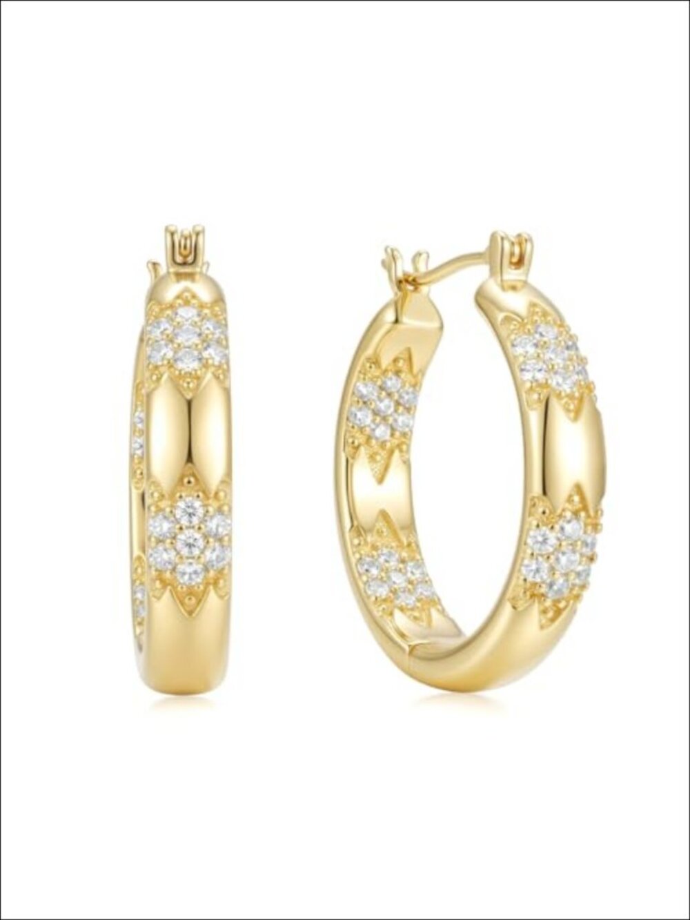 14k Gold Plated Hoop Earrings Cubic Zirconia Pave Snap Back